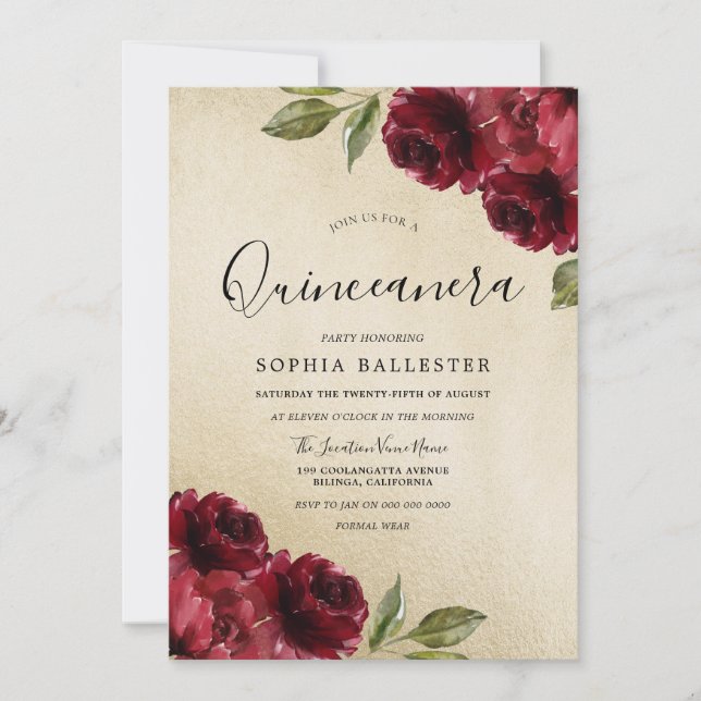 Gold Elegant Burgundy Red Flowers Quinceanera Invitation (Front)