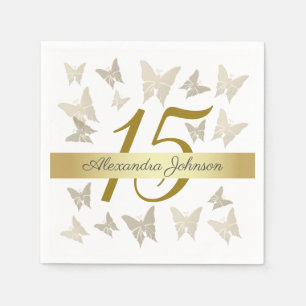 Gold Elegant Butterflies 15th Birthday Quinceanera Napkin