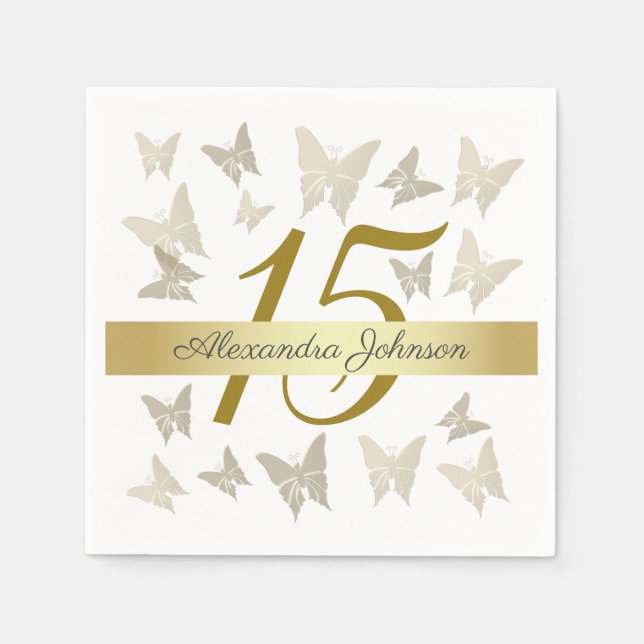 Gold Elegant Butterflies 15th Birthday Quinceanera Napkin (Front)