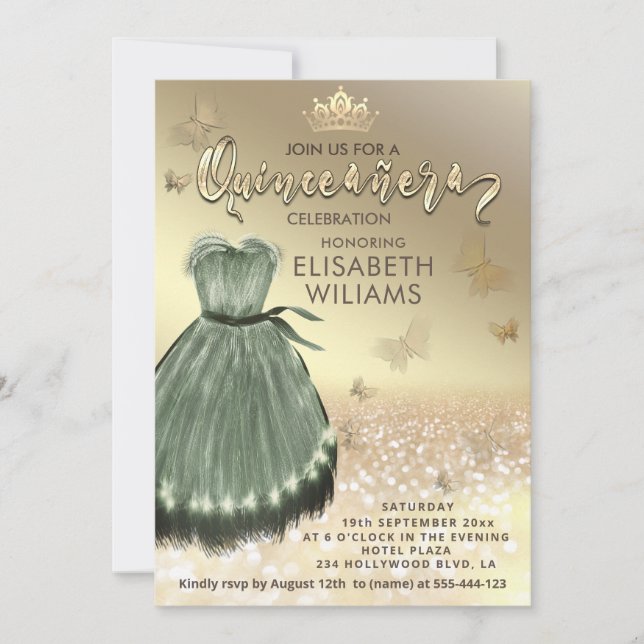 Gold elegant butterfly Green dress  Quinceañera  Invitation (Front)