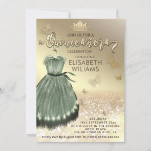 Gold elegant butterfly Green dress Quinceañera Invitation