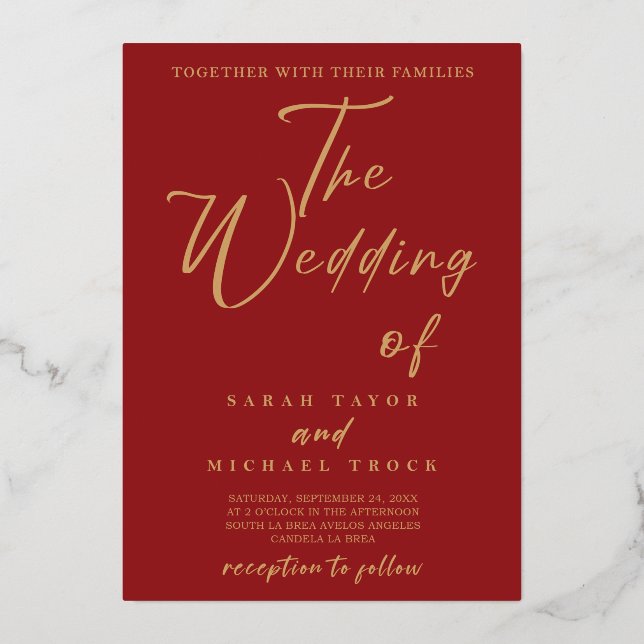 Gold Elegant calligraphy | Red Wedding invitation (Front)