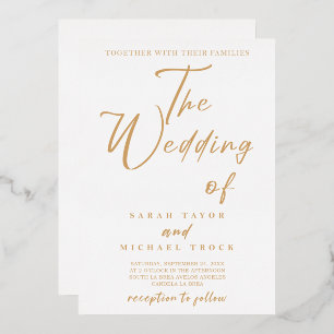 Gold Elegant calligraphy White Wedding Invitation