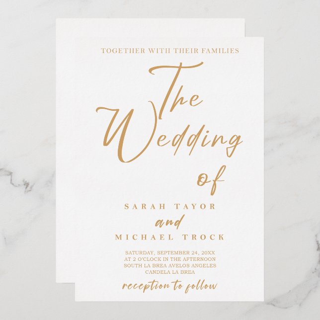 Gold Elegant calligraphy |White Wedding Invitation (Front/Back)