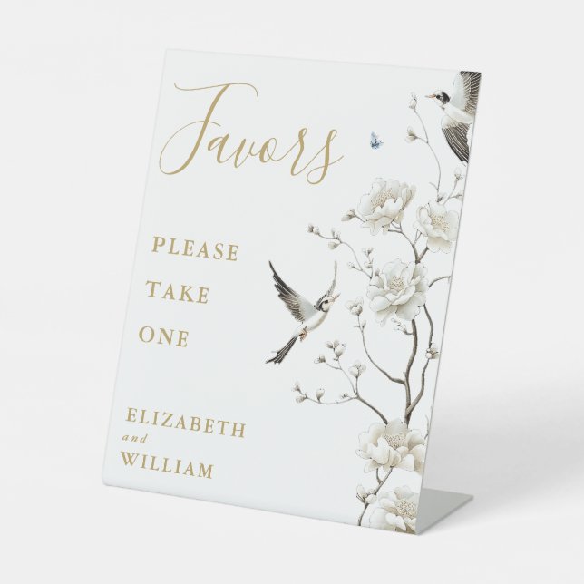 Gold Elegant Chinoiserie Floral Favours Wedding Pedestal Sign (Front)