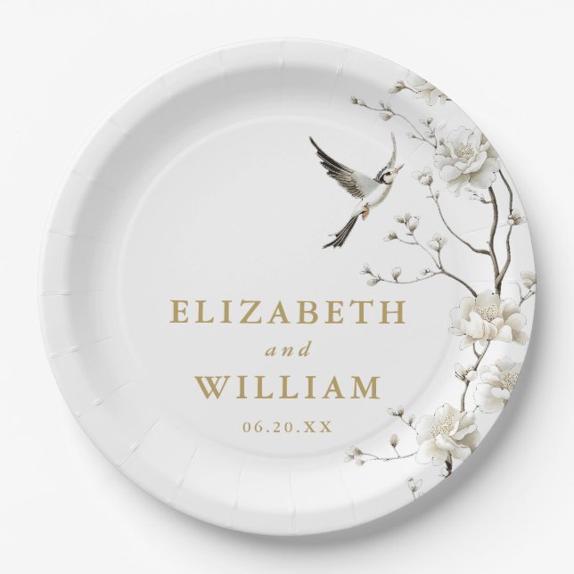 Gold Elegant Chinoiserie Floral Garden Wedding Paper Plate (Front)
