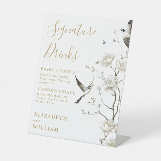 Gold Elegant Chinoiserie Signature Drinks Wedding Pedestal Sign (Front)