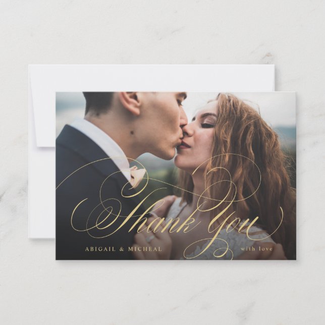 Gold elegant classic calligraphy photo wedding thank you card (Front)