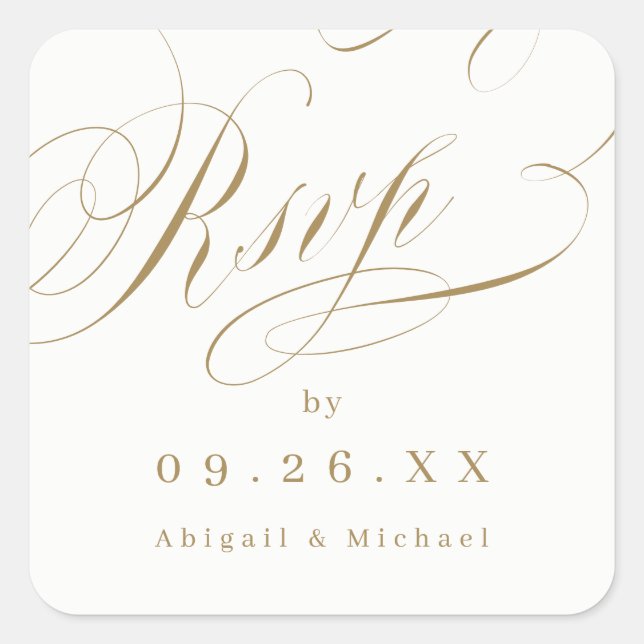 Gold elegant classic calligraphy vintage rsvp square sticker (Front)