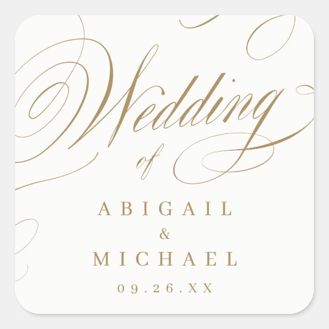 Gold elegant classic calligraphy wedding favours square sticker (Front)