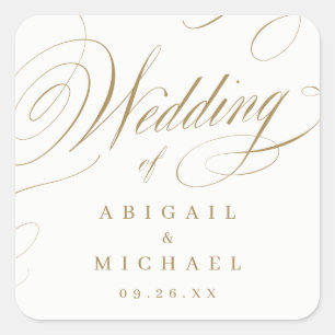 Gold elegant classic calligraphy wedding favours square sticker