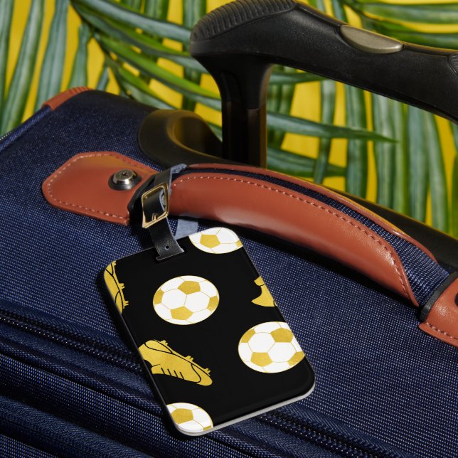 Gold Elegant Classic Soccer Cleats Ball Black Luggage Tag (Front Insitu 1)