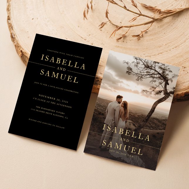 Gold Elegant Classic Typography Photo Wedding Invitation (Creator Uploaded)