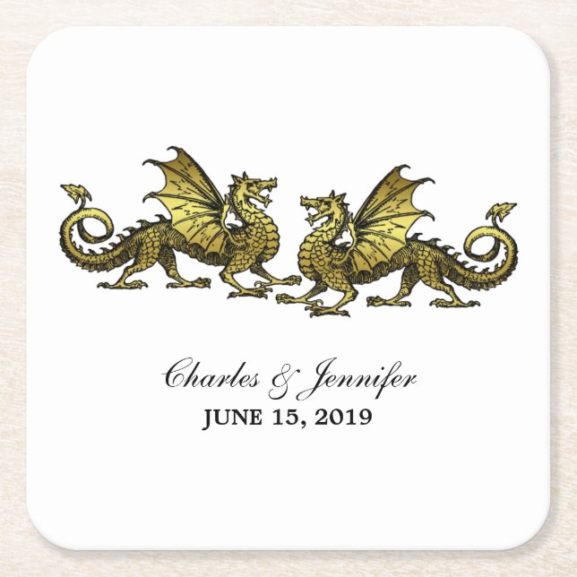 Gold Elegant Dragons Wedding Paper Coasters (Front)