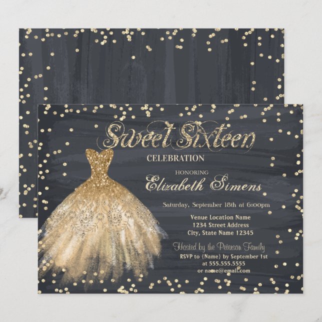 Gold Elegant Dress Diamonds Black Sweet 16 Invitation (Front/Back)