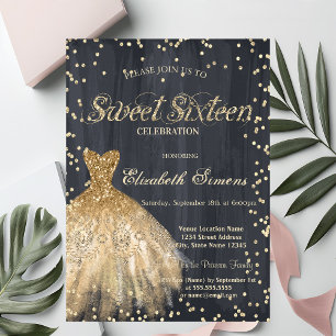 Gold Elegant Dress Diamonds Black Sweet 16 Invitation