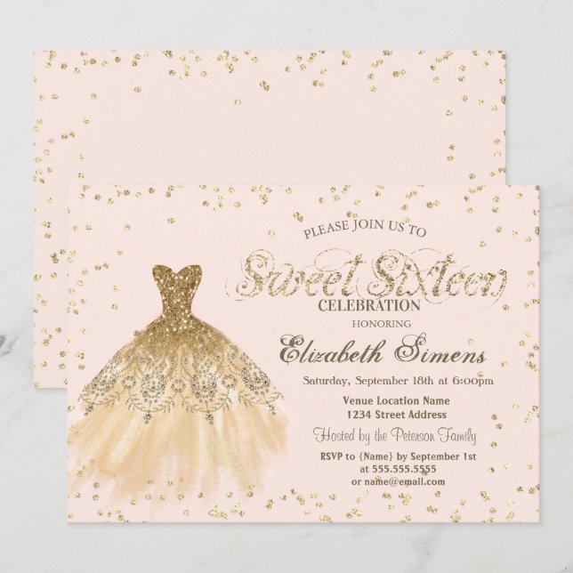 Gold Elegant Dress Diamonds Cream Sweet 16 Invitation (Front/Back)