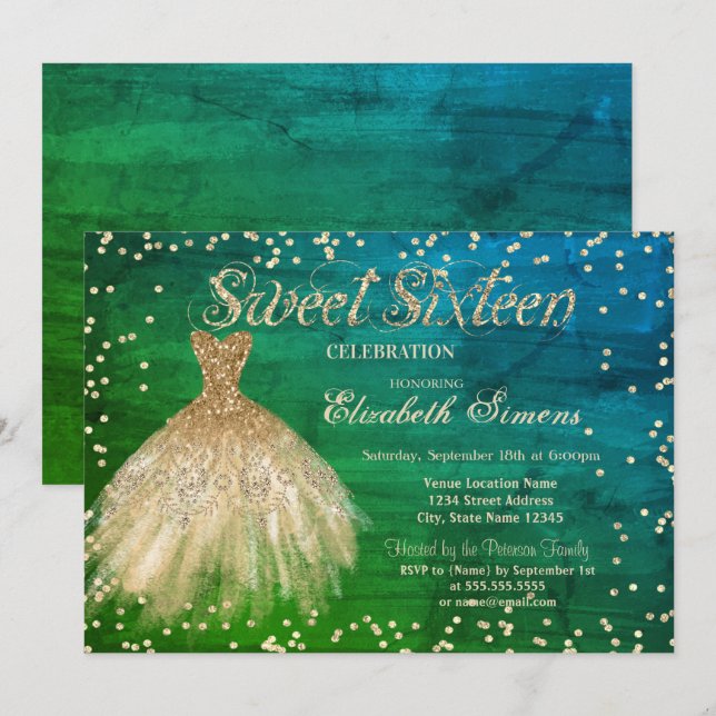 Gold Elegant Dress Diamonds Green Sweet 16 Invitation (Front/Back)