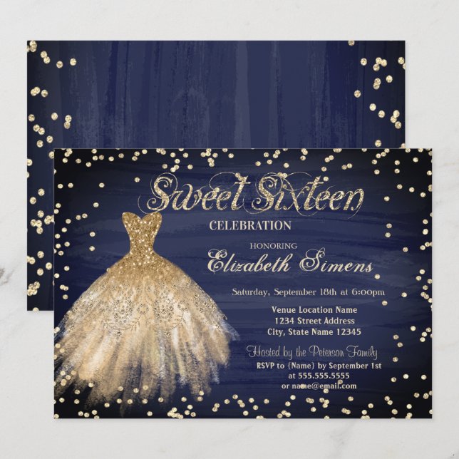 Gold Elegant Dress Diamonds Navy Blue Sweet 16 Invitation (Front/Back)