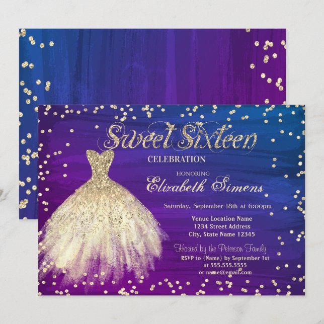Gold Elegant Dress Diamonds Ombre Sweet 16  Invitation (Front/Back)