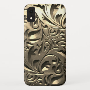 Gold elegant engraved metal look floral abstract iPhone XR case