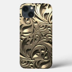 Gold elegant engraved metal look floral abstract iPhone 13 case