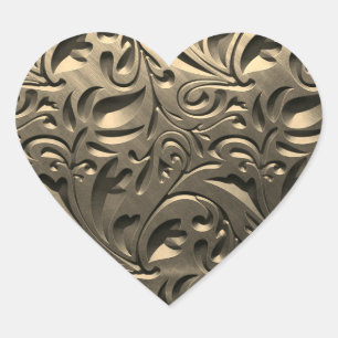 Gold elegant engraved metal look floral abstract heart sticker