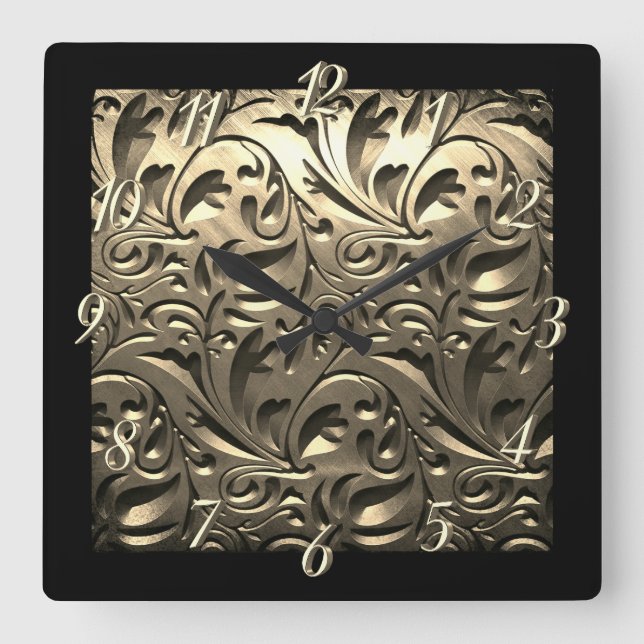Gold elegant engraved metal look floral abstract square wall clock (Front)