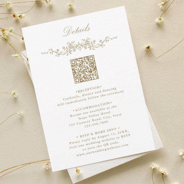 Gold Elegant Floral Border QR Code Wedding Details Enclosure Card (Creator Uploaded)