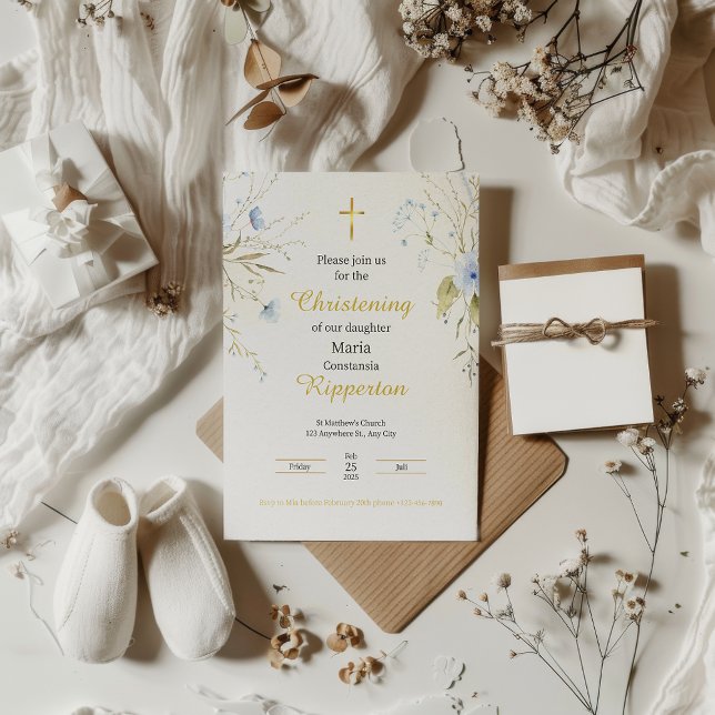 Gold Elegant Floral Gold Cross Baptism Invitation (Creator Uploaded)