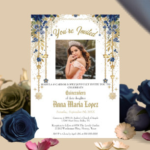 Gold Elegant Floral Photo Mis Quince Quinceañera Acrylic Invitations