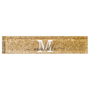 Gold Elegant Glitter Feminine Script Name Nameplate
