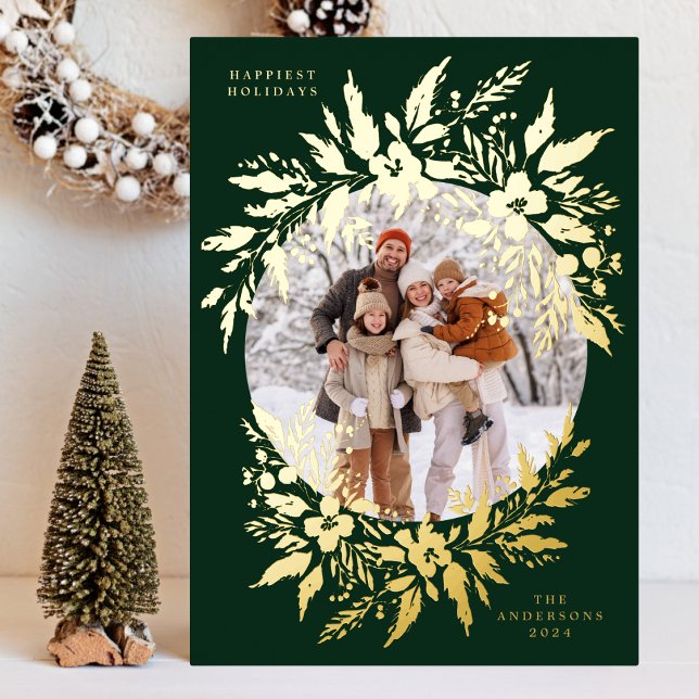 gold elegant green wreath photo merry christmas foil holiday card (Creator Uploaded)