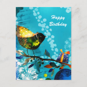 Gold Elegant Happy Songbird Wishes Watercolor Holiday Postcard