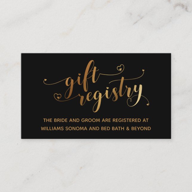 Gold Elegant Hearts Script, Black Gift Registry Enclosure Card (Front)