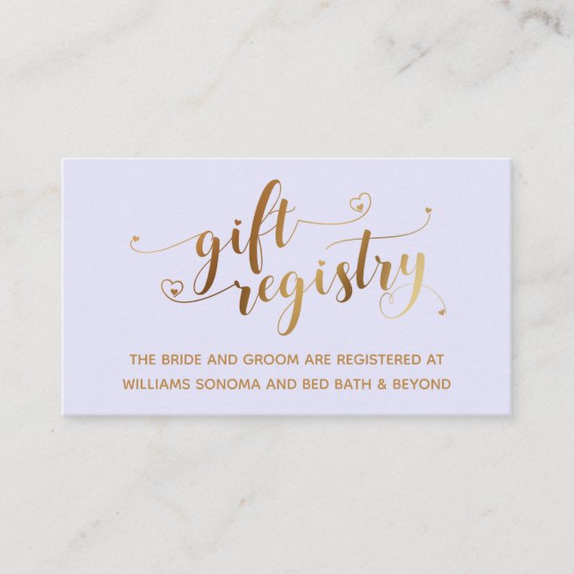 Gold Elegant Hearts Script Lavender Gift Registry Enclosure Card (Front)