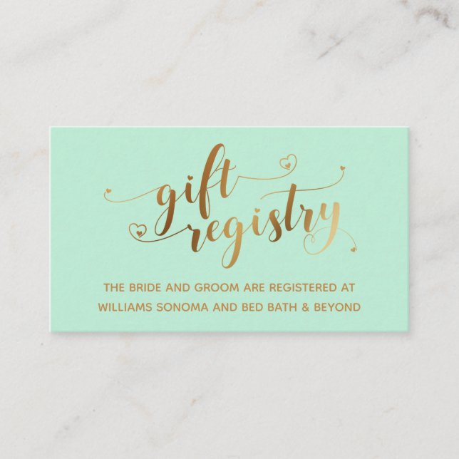 Gold Elegant Hearts Script on Mint Gift Registry Enclosure Card (Front)
