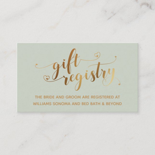 Gold Elegant Hearts Script, Sage Gift Registry Enclosure Card (Front)