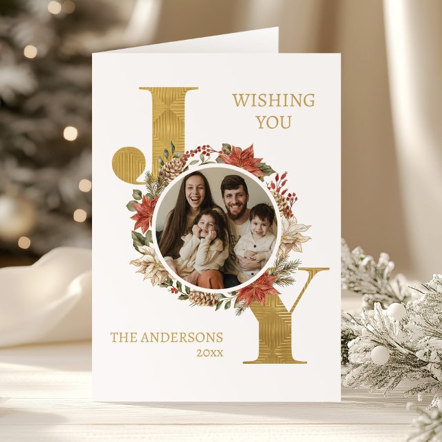 Gold Elegant Joy Photo Folded Christmas Holiday Card (Creator Uploaded)