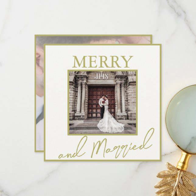 Gold Elegant Merry & Married 2 Photos  Thank You Card (Front/Back In Situ)