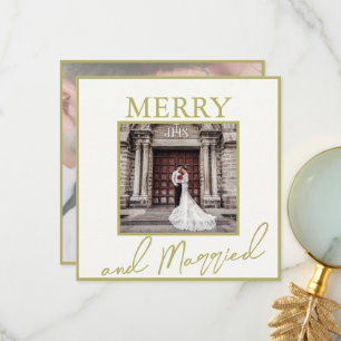 Gold Elegant Merry & Married 2 Photos Thank You Card