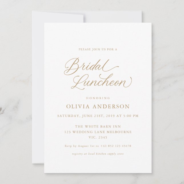 Gold Elegant Modern Calligraphy Bridal Luncheon Invitation (Front)