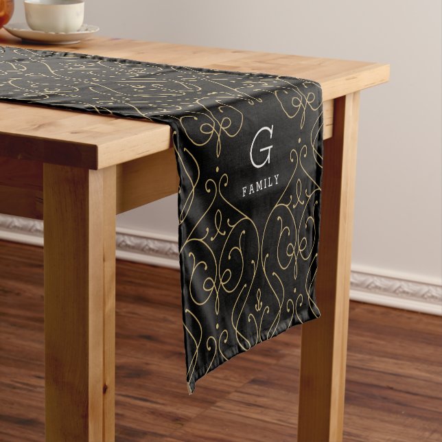 Gold elegant modern classic damask monogram short table runner (In Situ)