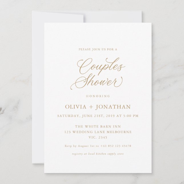 Gold Elegant Modern Couples Shower Calligraphy Invitation (Front)
