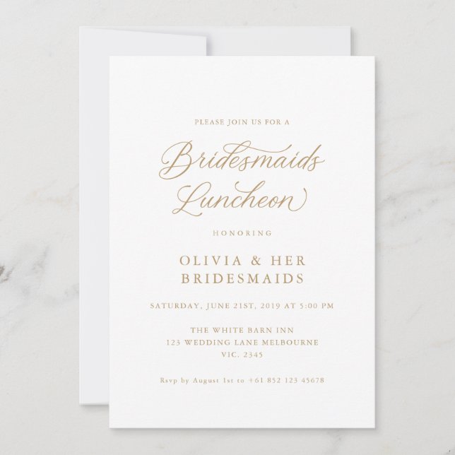 Gold Elegant Modern Script Bridesmaids Luncheon Invitation (Front)