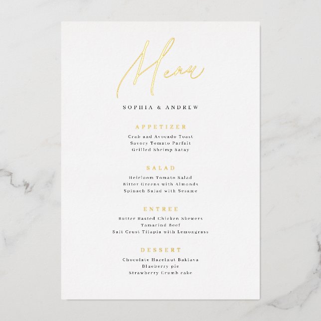 Gold elegant modern script minimalist wedding menu (Front)