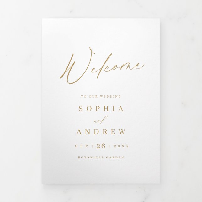 Gold elegant modern script minimalist wedding Tri-Fold programme (Cover)