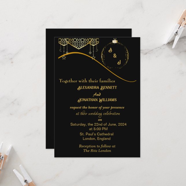 Gold Elegant Monogram Black Wedding Invitation (Front/Back In Situ)
