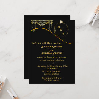 Gold Elegant Monogram Black Wedding Invitation