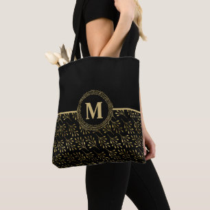 Gold Elegant #Monogram & Golden Leaf Pattern Black Tote Bag